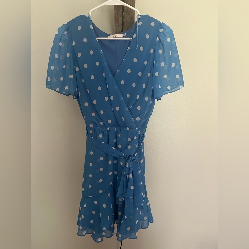 Blue and White Polka Dot Wrap Dress, Small